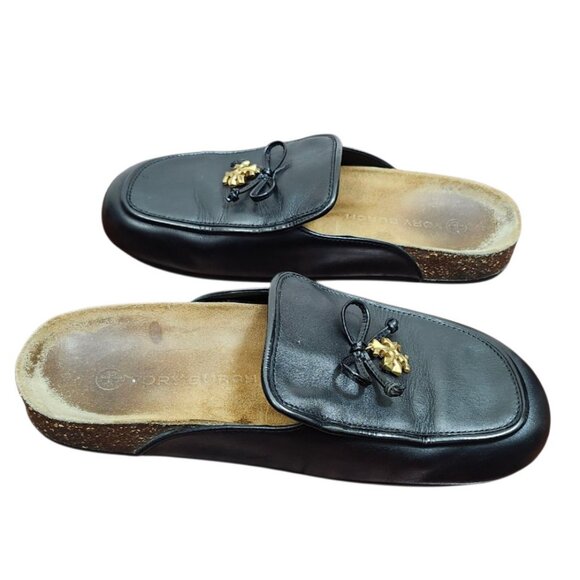 Tory Burch Charm Mules Flat Slip-on Black Genuine Leather Natural Cork US Size 7 - Picture 8 of 14